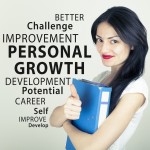 Woman holding a guide with personal development words around her